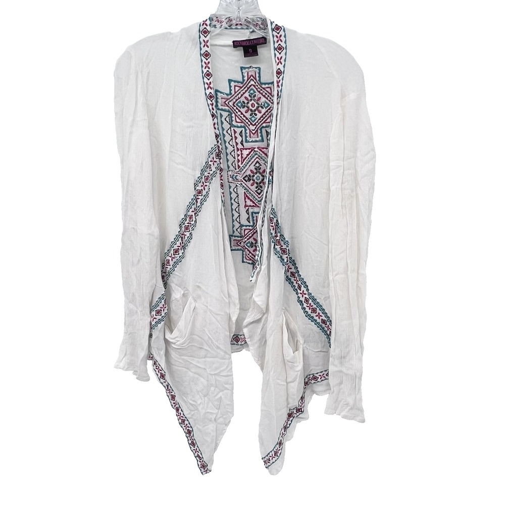 ROCK & ROLL COWGIRL Women's Size S White Embroidered Open-Front Cardigan Pockets